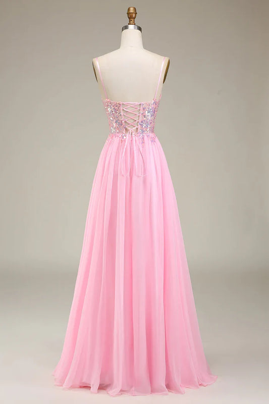 Dress Pink Corset Spaghetti Straps A-line Party Dress Sleeveless Maxi Dress With Pleated Prom Dress
