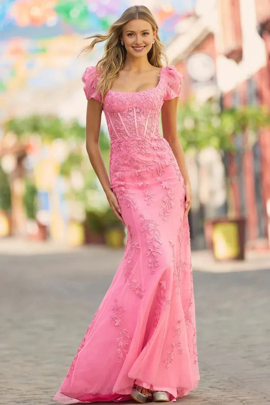 Dress Pink Embroidered Tulle Mermaid Gown With Puff Sleeves And Square Neckline Exuding Romantic Elegance Prom Dress
