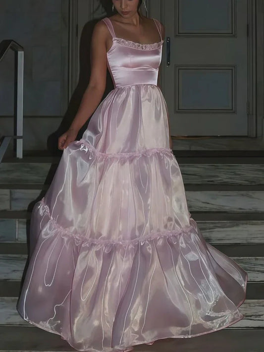 Dress Pink Fashion Elegant Shiny A-line Spaghetti Strap Long satin Lace Ball Gown Prom Dresses