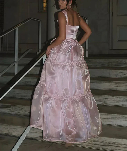 Dress Pink Fashion Elegant Shiny A-line Spaghetti Strap Long satin Lace Ball Gown Prom Dresses