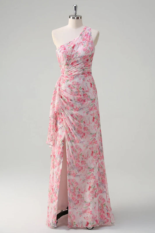 Dress Pink Floral One Shoulder Party Dress Maxi Dress Sleeveless With Slit Prom Dress
