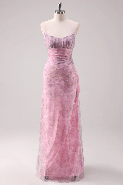 Dress Pink Floral Spaghetti Straps Sheath Maxi Dress Prom Dress With Lace Up Evening Dress
