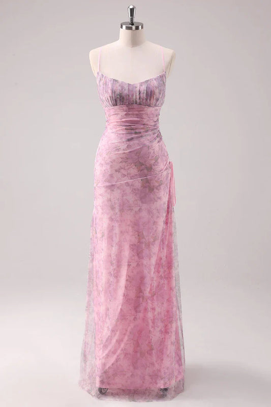 Dress Pink Floral Spaghetti Straps Sheath Maxi Dress Prom Dress With Lace Up Evening Dress