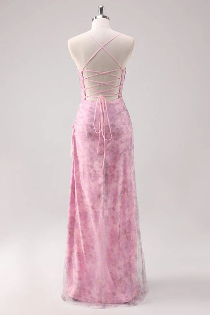 Dress Pink Floral Spaghetti Straps Sheath Maxi Dress Prom Dress With Lace Up Evening Dress