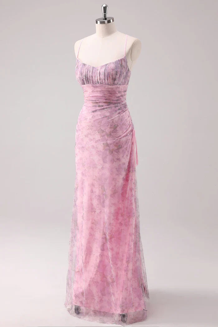 Dress Pink Floral Spaghetti Straps Sheath Maxi Dress Prom Dress With Lace Up Evening Dress