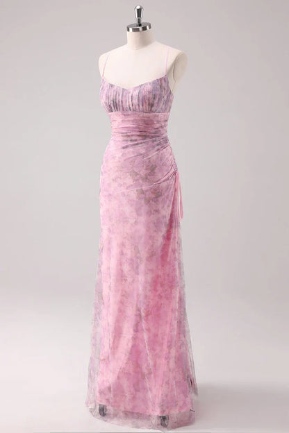 Dress Pink Floral Spaghetti Straps Sheath Maxi Dress Prom Dress With Lace Up Evening Dress
