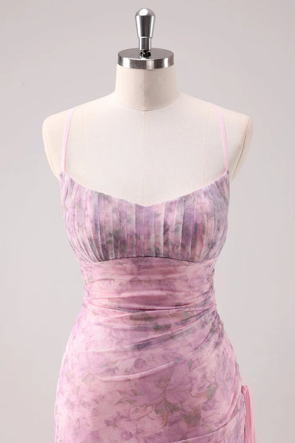 Dress Pink Floral Spaghetti Straps Sheath Maxi Dress Prom Dress With Lace Up Evening Dress