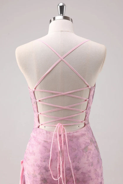 Dress Pink Floral Spaghetti Straps Sheath Maxi Dress Prom Dress With Lace Up Evening Dress