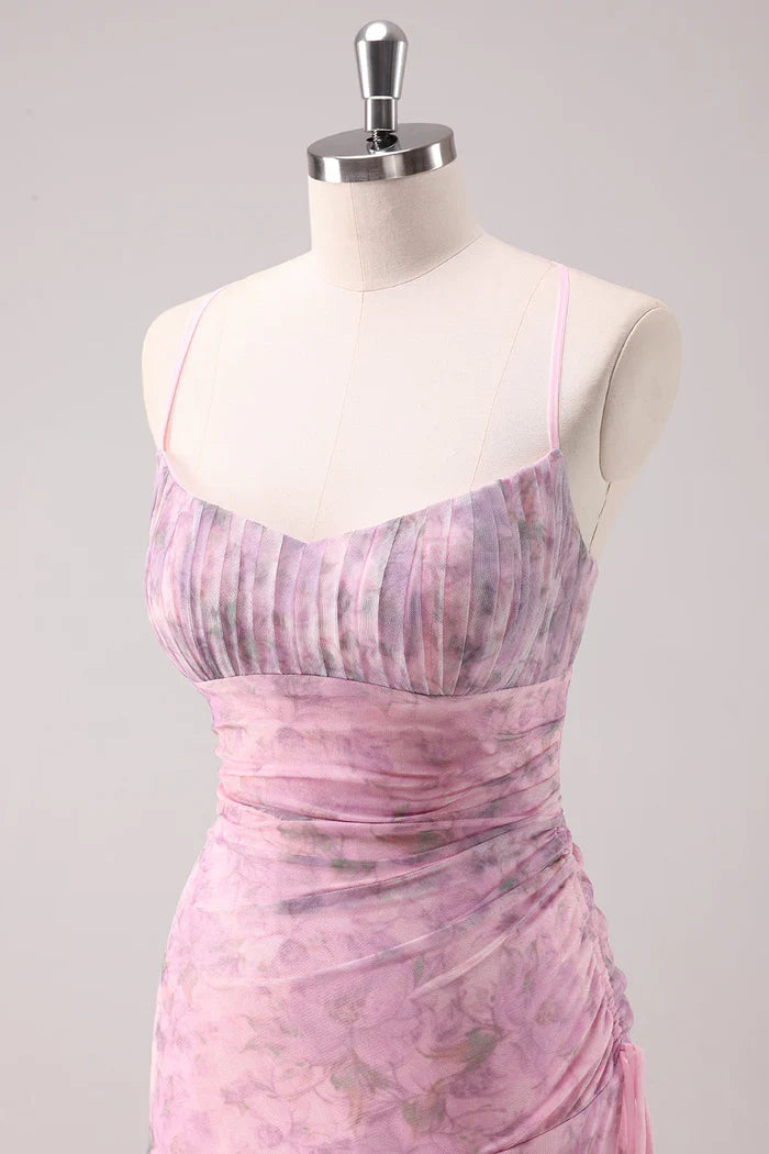 Dress Pink Floral Spaghetti Straps Sheath Maxi Dress Prom Dress With Lace Up Evening Dress