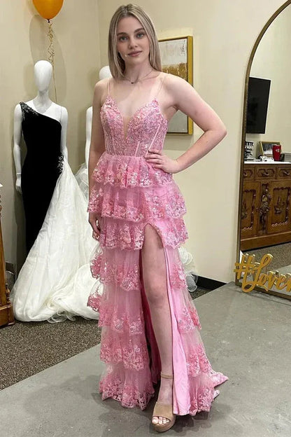 Dress Pink Glitter Lace Appliques Ruffle Tiered Long Dress with Slit