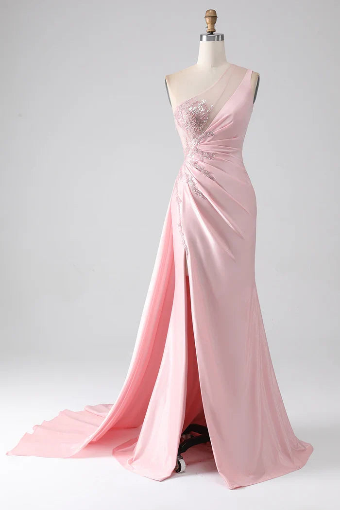 Dress Pink Mermaid One Shoulder Sequins Ruched Party Dress Sleeveless Maxi Dress With Slit Prom Dress