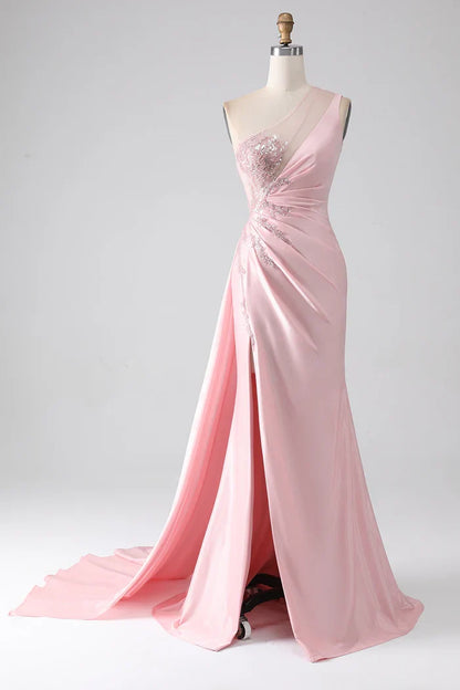 Dress Pink Mermaid One Shoulder Sequins Ruched Party Dress Sleeveless Maxi Dress With Slit Prom Dress