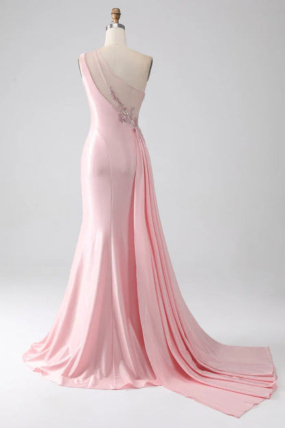 Dress Pink Mermaid One Shoulder Sequins Ruched Party Dress Sleeveless Maxi Dress With Slit Prom Dress