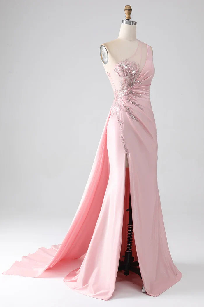 Dress Pink Mermaid One Shoulder Sequins Ruched Party Dress Sleeveless Maxi Dress With Slit Prom Dress