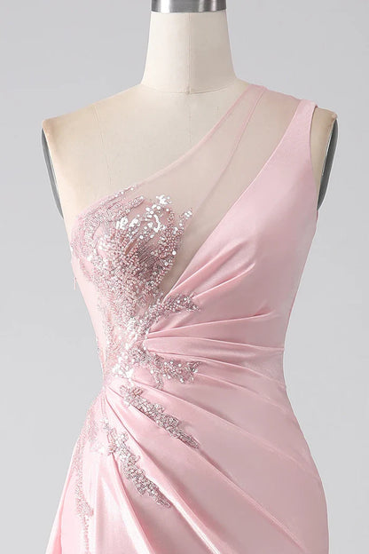 Dress Pink Mermaid One Shoulder Sequins Ruched Party Dress Sleeveless Maxi Dress With Slit Prom Dress