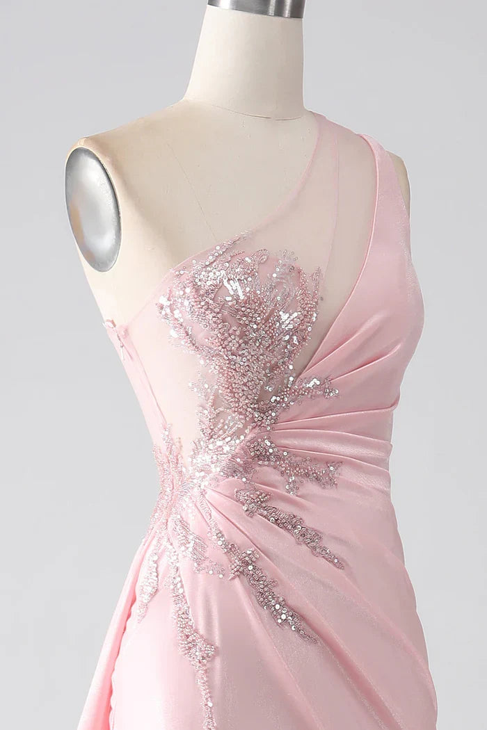 Dress Pink Mermaid One Shoulder Sequins Ruched Party Dress Sleeveless Maxi Dress With Slit Prom Dress