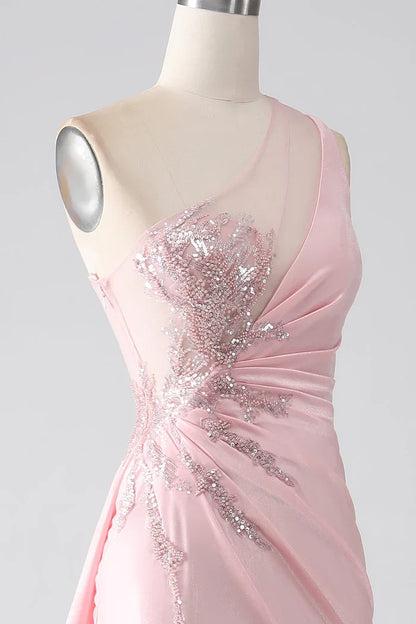 Dress Pink Mermaid One Shoulder Sequins Ruched Party Dress Sleeveless Maxi Dress With Slit Prom Dress