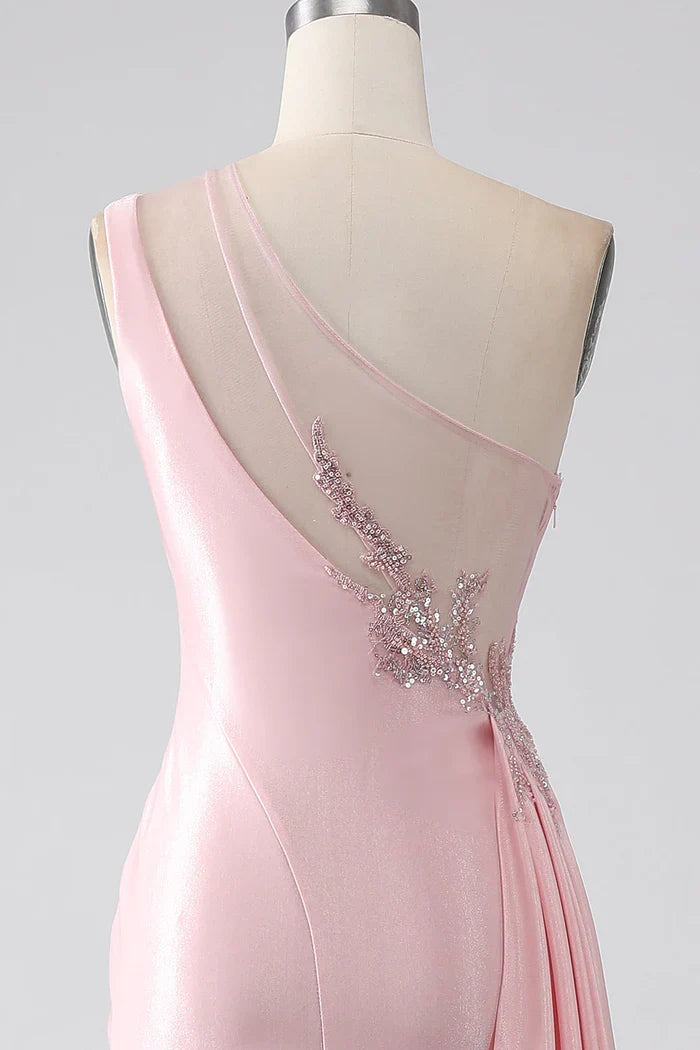 Dress Pink Mermaid One Shoulder Sequins Ruched Party Dress Sleeveless Maxi Dress With Slit Prom Dress