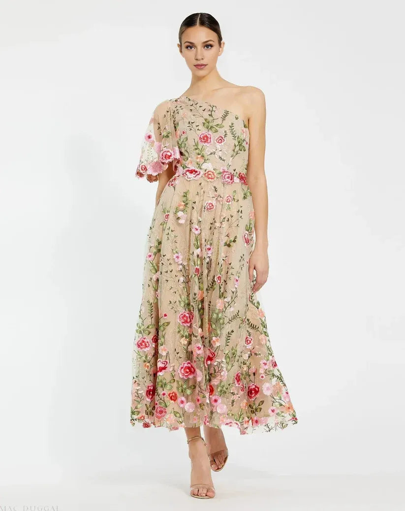 Dress Pink One Shoulder Lace Embroidered Dress Maxi Dress Evening Dress A-Line One Short Sleeve Prom Dress