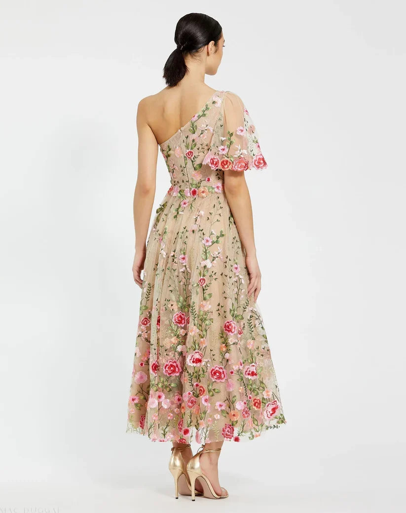 Dress Pink One Shoulder Lace Embroidered Dress Maxi Dress Evening Dress A-Line One Short Sleeve Prom Dress