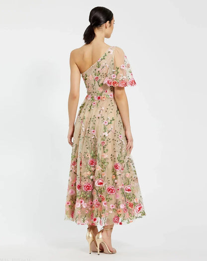 Dress Pink One Shoulder Lace Embroidered Dress Maxi Dress Evening Dress A-Line One Short Sleeve Prom Dress