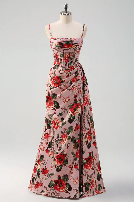 Dress Pink Red Floral Spaghetti Straps Maxi Dress Prom Dress Sleeveless Slit Evening Dress