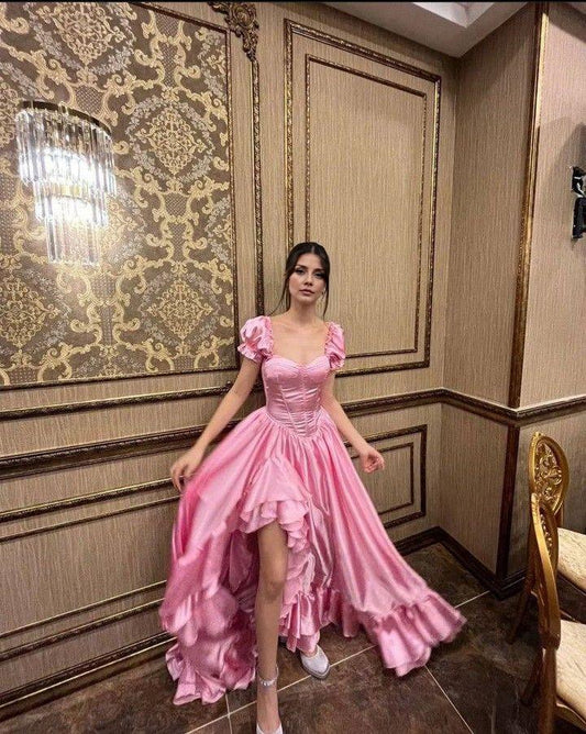 Dress Pink Retro Elegant Sweet Short Sleeve Long Ruffles Backless Lace-up Long Satin Evening Dress Birthday Party Dress Homecoming Prom Dress