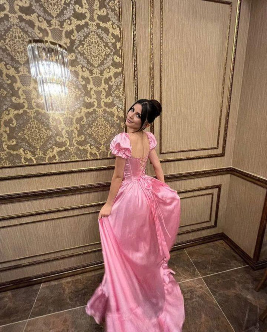 Dress Pink Retro Elegant Sweet Short Sleeve Long Ruffles Backless Lace-up Long Satin Evening Dress Birthday Party Dress Homecoming Prom Dress