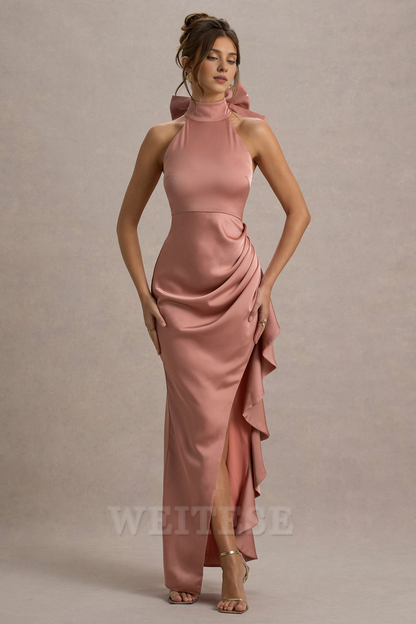 Dress Pink Satin High-Neck Draped Maxi Dress Prom Dress With Bow Ruffle Floor Length Sleeveless Bridesmaid Dress