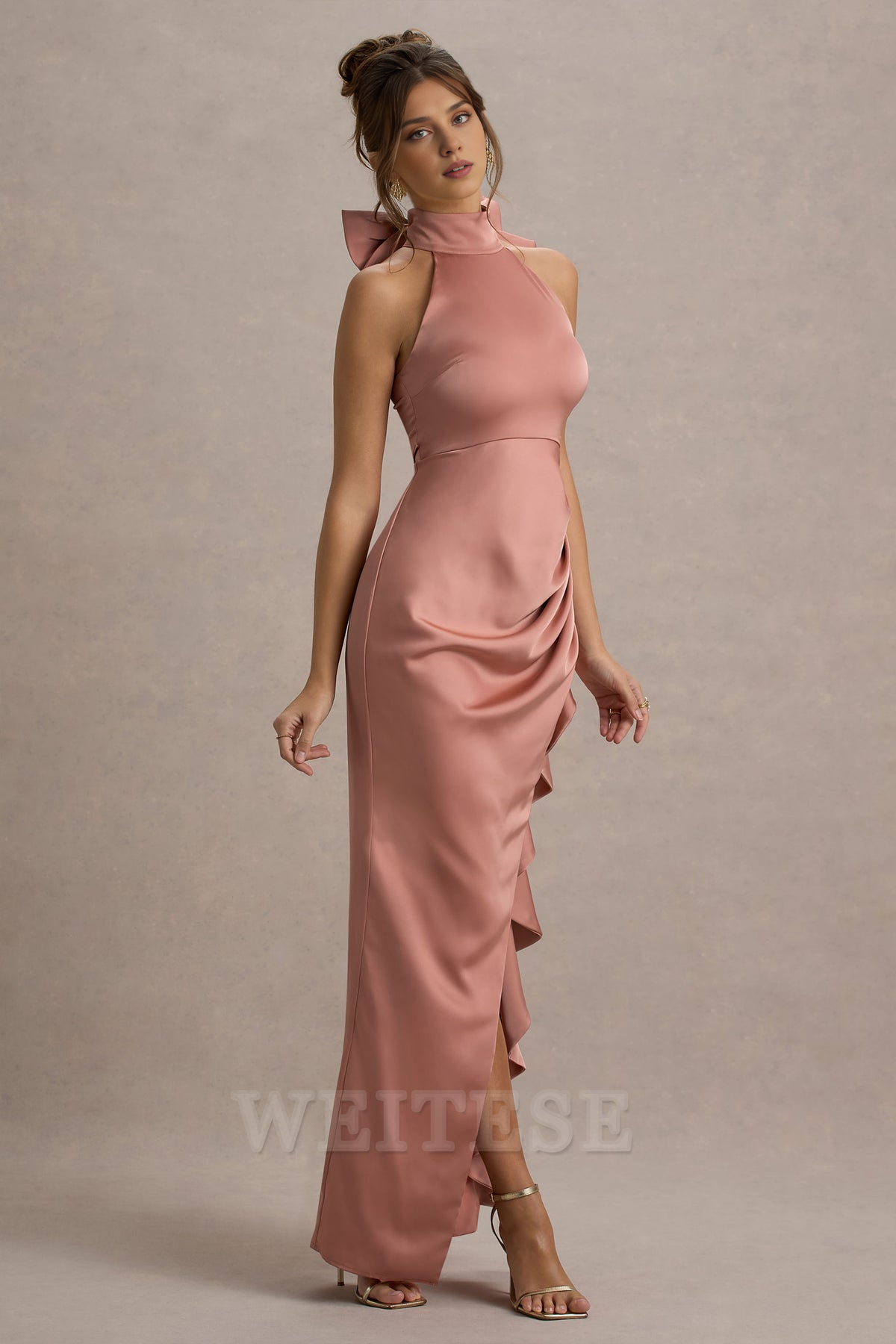 Dress Pink Satin High-Neck Draped Maxi Dress Prom Dress With Bow Ruffle Floor Length Sleeveless Bridesmaid Dress