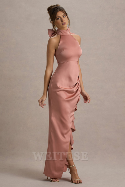 Dress Pink Satin High-Neck Draped Maxi Dress Prom Dress With Bow Ruffle Floor Length Sleeveless Bridesmaid Dress