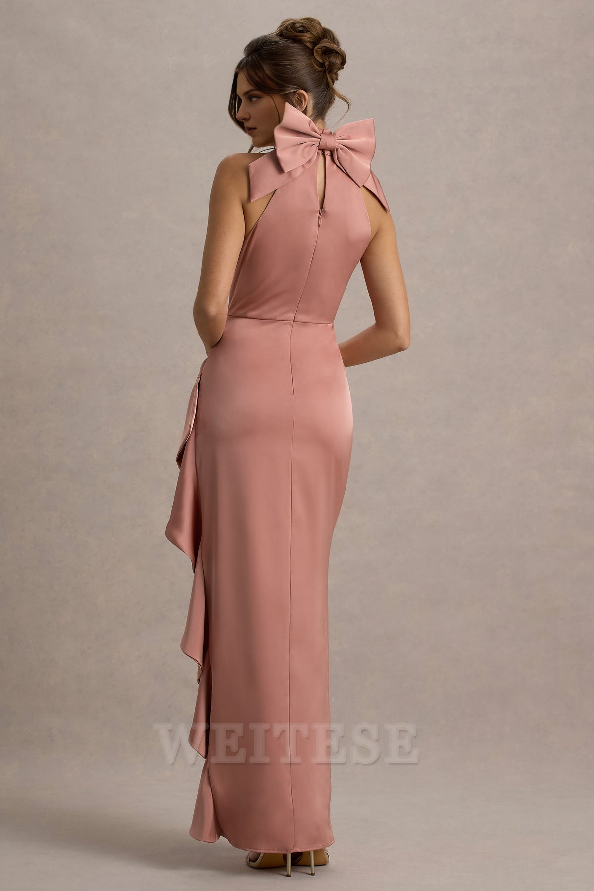 Dress Pink Satin High-Neck Draped Maxi Dress Prom Dress With Bow Ruffle Floor Length Sleeveless Bridesmaid Dress