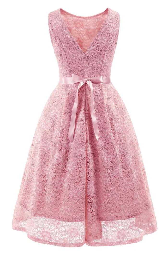 Dress Pink Sleeveless A-line Princess Homecoming Dress Tea Length Lace Party Dress