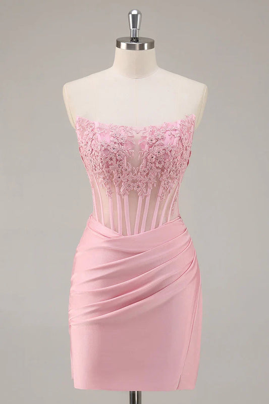 Dress Pink Strapless Corset Beaded Tight Short Homecoming Dress Appliques Party Dress