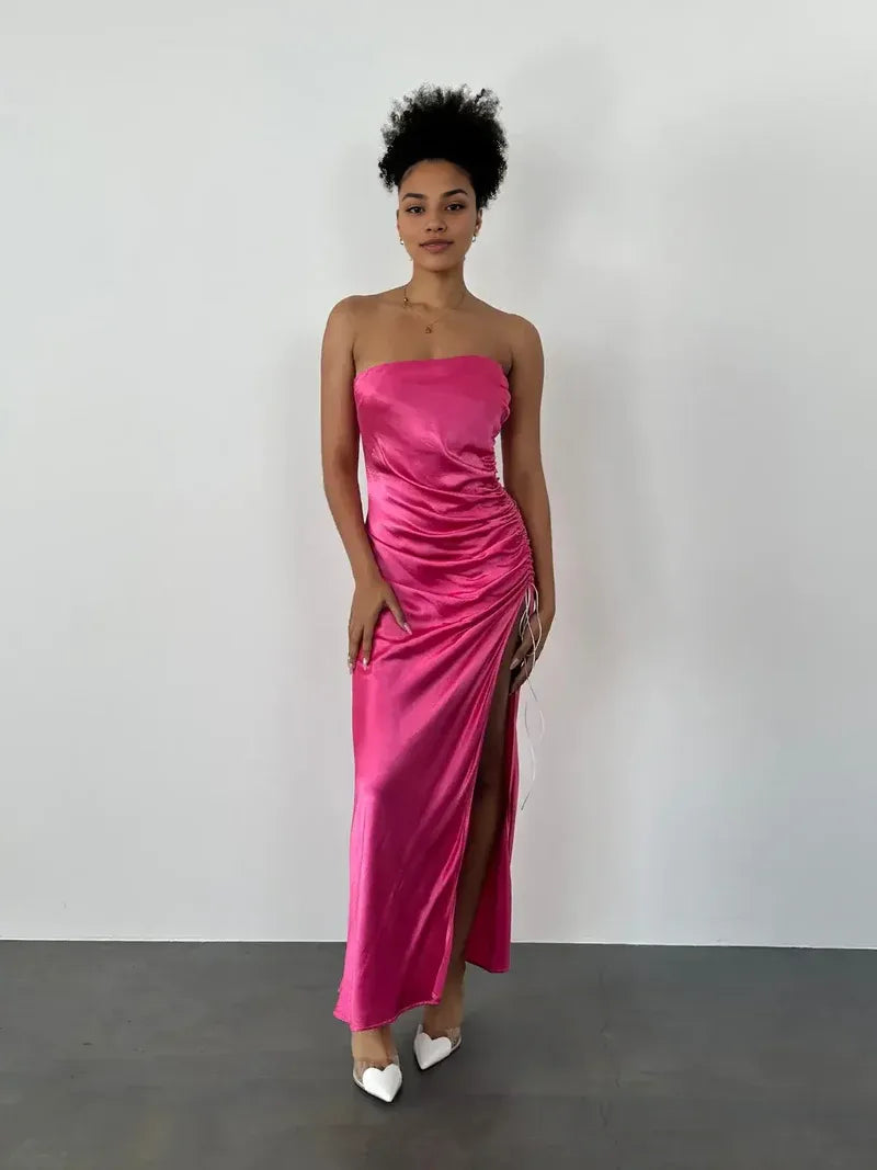 Dress Pink Strapless Sleeveless Prom Dress Pleated Ankle Length Evening Dress With Hight Slit