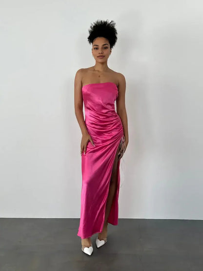 Dress Pink Strapless Sleeveless Prom Dress Pleated Ankle Length Evening Dress With Hight Slit