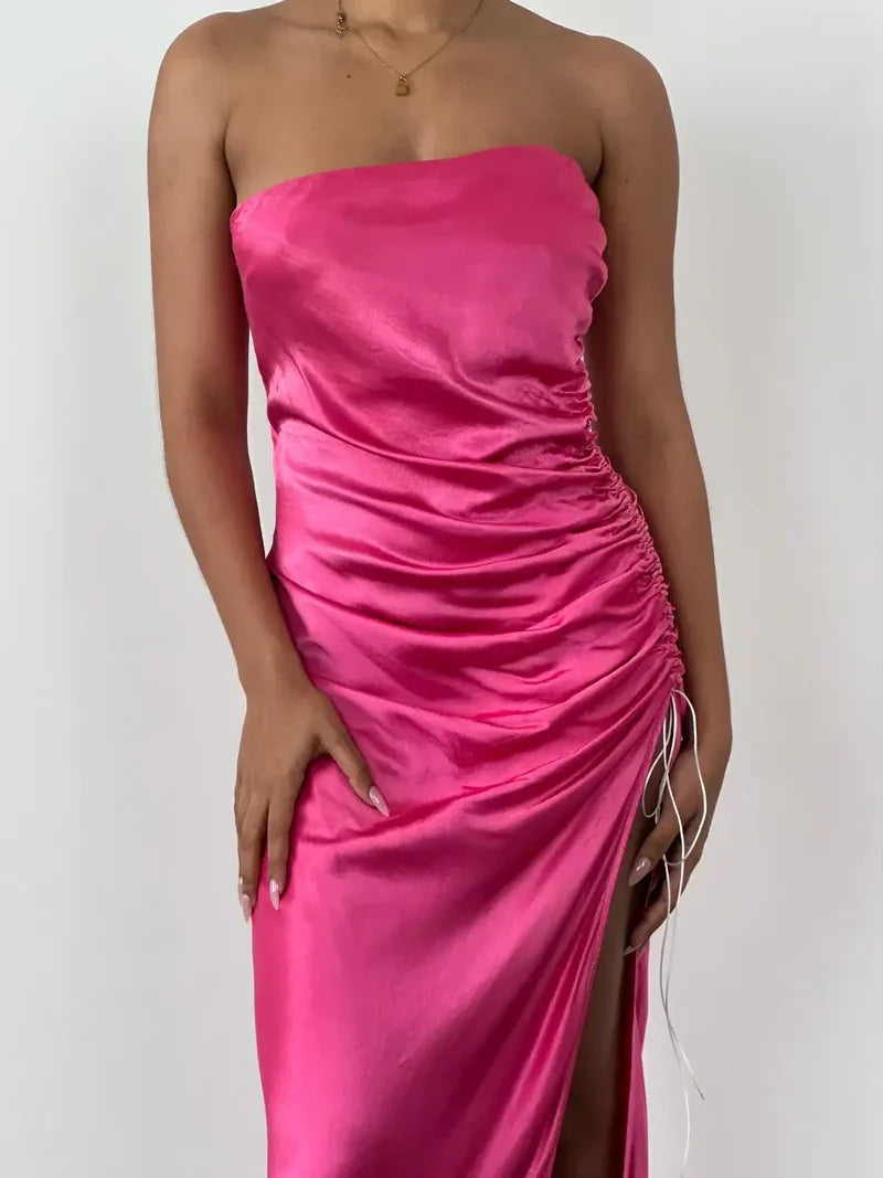 Dress Pink Strapless Sleeveless Prom Dress Pleated Ankle Length Evening Dress With Hight Slit