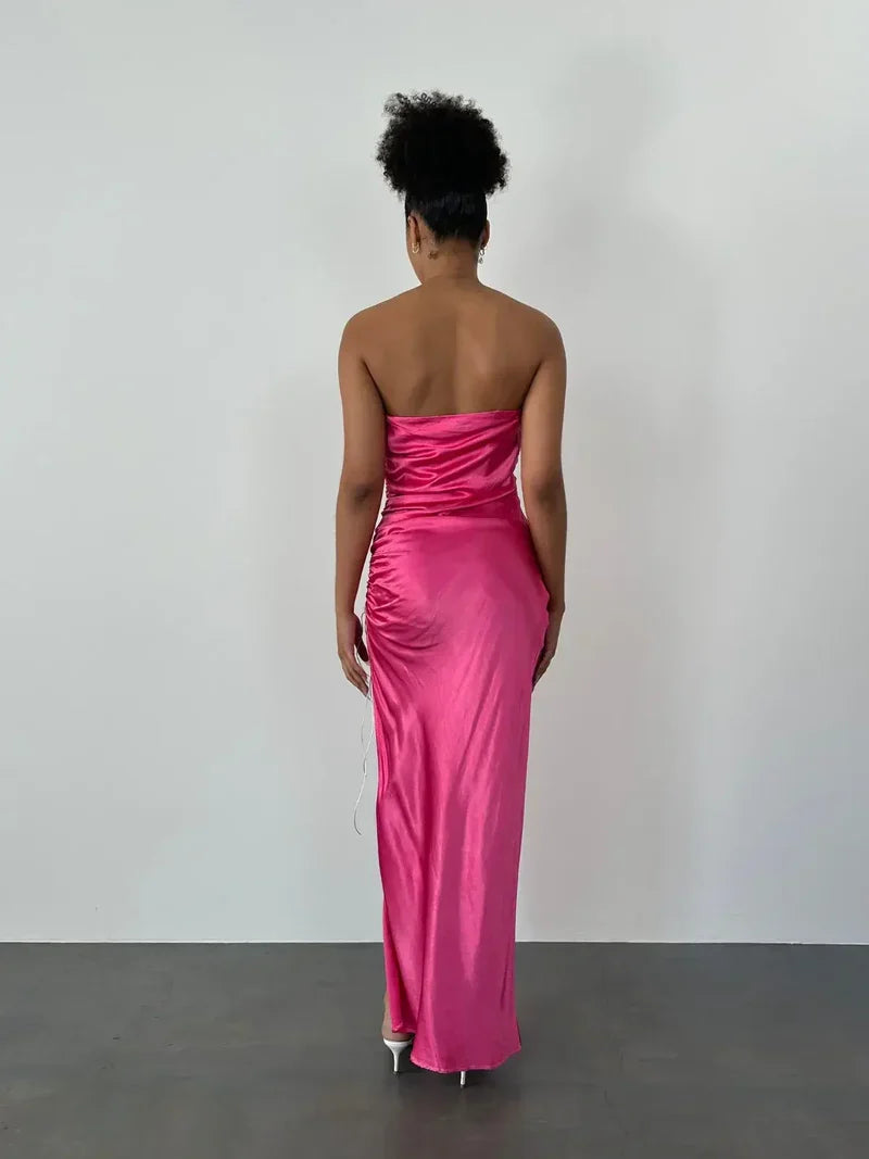 Dress Pink Strapless Sleeveless Prom Dress Pleated Ankle Length Evening Dress With Hight Slit