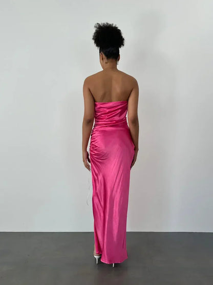 Dress Pink Strapless Sleeveless Prom Dress Pleated Ankle Length Evening Dress With Hight Slit