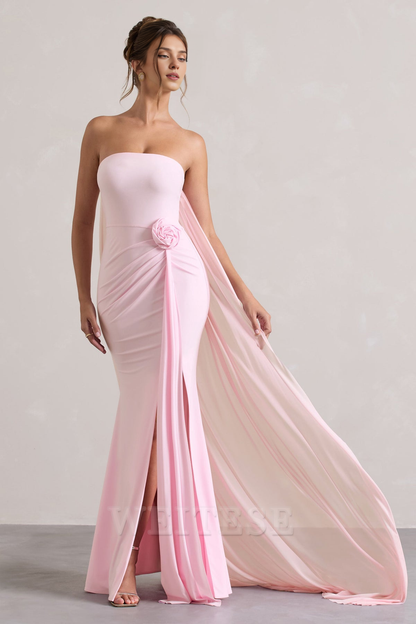 Dress Pink Strapless Wrap Cape Maxi Dress With Corsage Bridesmaid Dress Strapless Floor Length With Train Prom Dress