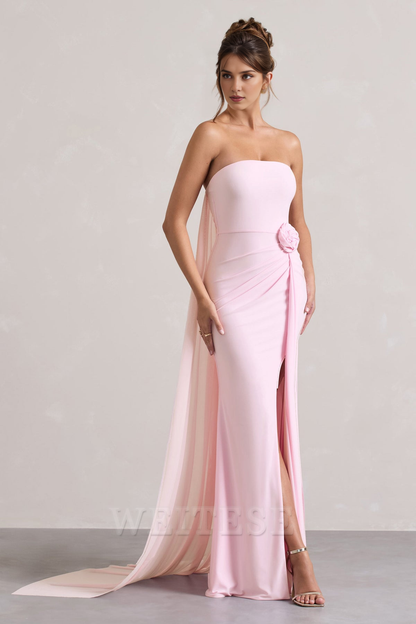 Dress Pink Strapless Wrap Cape Maxi Dress With Corsage Bridesmaid Dress Strapless Floor Length With Train Prom Dress