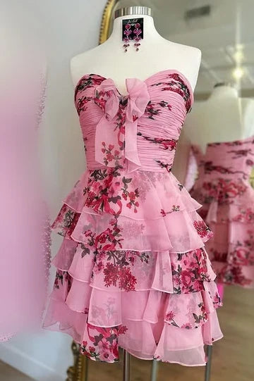 Dress Pink Sweetheart Sleeveless Pleated Tiered A-Line Short Homecoming Dress