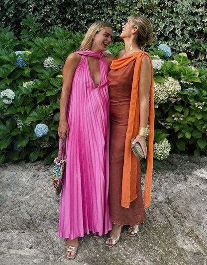 Hot‑Pink Pleated‑Satin A‑Line Halter Deep‑V Scarf‑Tie Open‑Back Floor‑Length Prom Dress For Evening