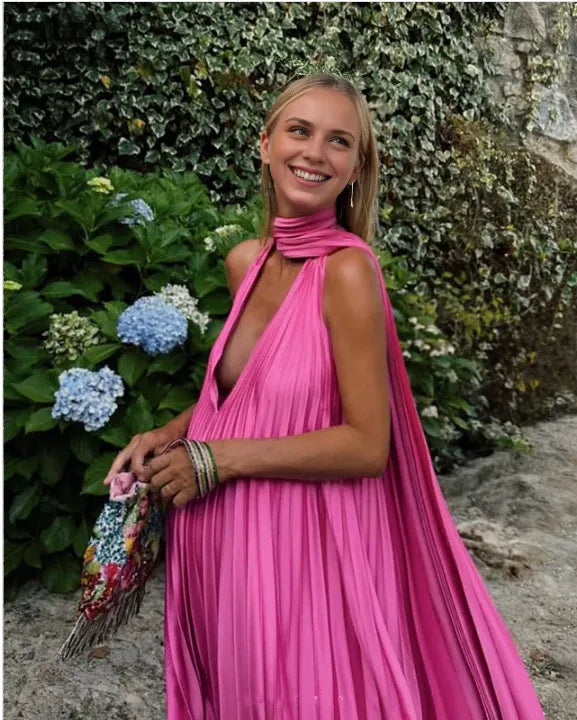 Hot‑Pink Pleated‑Satin A‑Line Halter Deep‑V Scarf‑Tie Open‑Back Floor‑Length Prom Dress For Evening