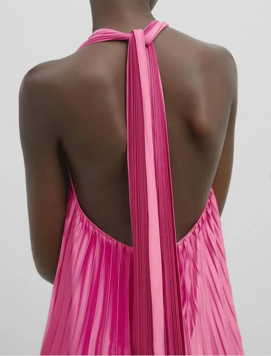 Hot‑Pink Pleated‑Satin A‑Line Halter Deep‑V Scarf‑Tie Open‑Back Floor‑Length Prom Dress For Evening