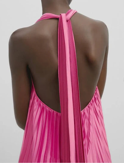Hot‑Pink Pleated‑Satin A‑Line Halter Deep‑V Scarf‑Tie Open‑Back Floor‑Length Prom Dress For Evening