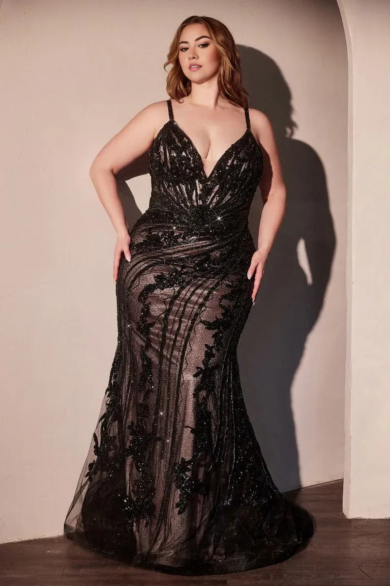 Dress Plus Size Black Mesh Gown Spaghetti Straps Plunging V Neck Sequin Embroidered Lace And A Mermaid Silhouette Prom Dress