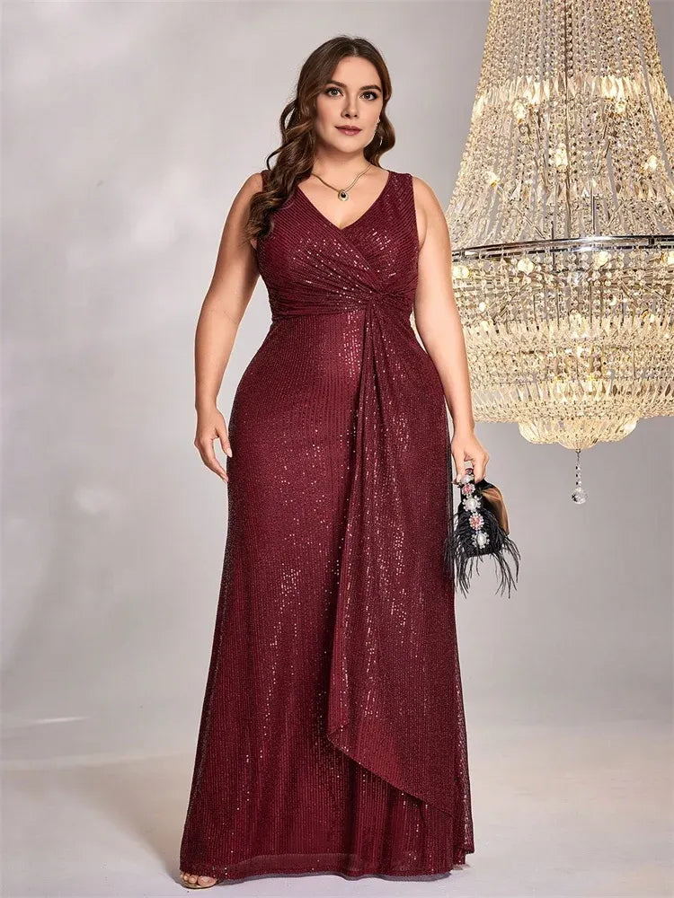 Dress Plus Size Luxury Floor Length V-Neck Evening Dress Elegant Party Women Sequins Formal Prom Cocktail Graduation Gowns Mother of the Bride Dress
