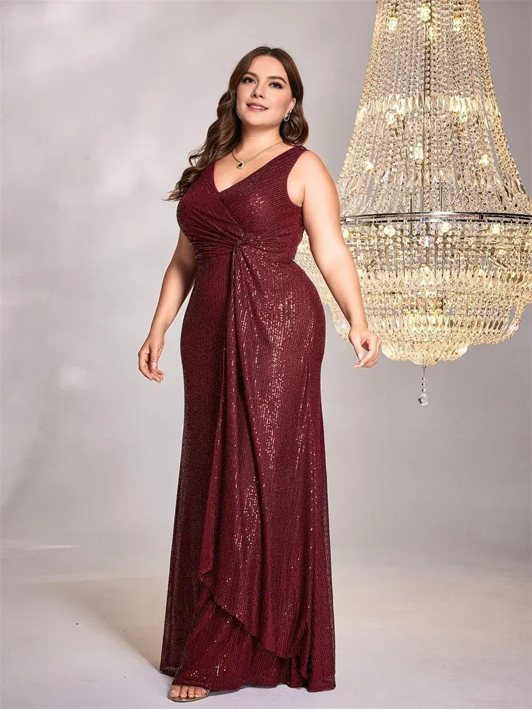 Dress Plus Size Luxury Floor Length V-Neck Evening Dress Elegant Party Women Sequins Formal Prom Cocktail Graduation Gowns Mother of the Bride Dress