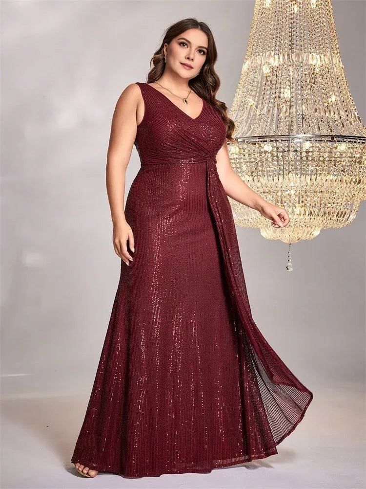 Dress Plus Size Luxury Floor Length V-Neck Evening Dress Elegant Party Women Sequins Formal Prom Cocktail Graduation Gowns Mother of the Bride Dress